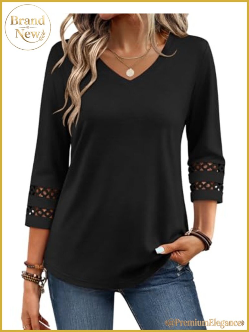 Zeagoo 3/4 Sleeve V Neck Lace Blouse Casual Dressy Top